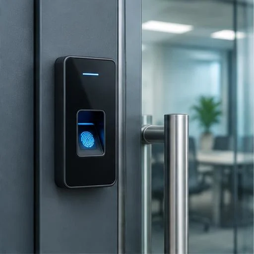 Leitor biométrico instalado ao lado de uma porta